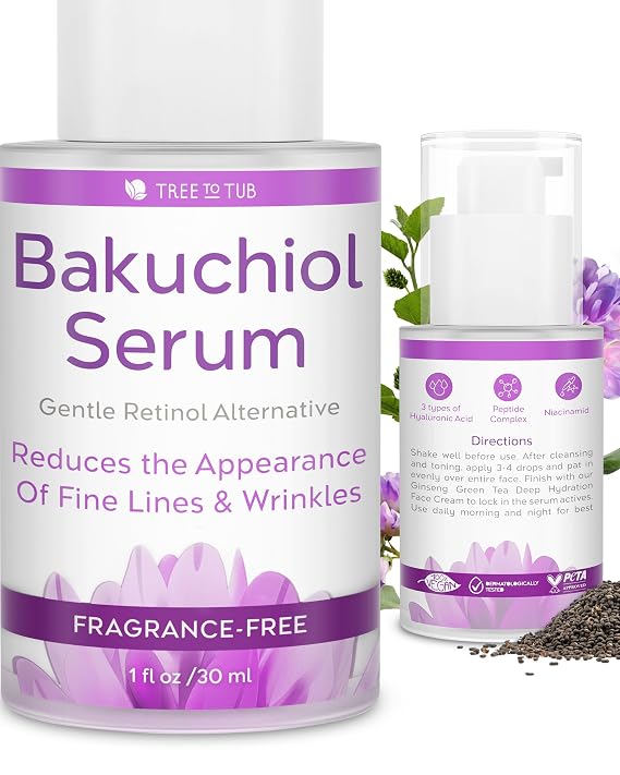 Tree To Tub Bakuchiol Face Serum - Gentle Retinol Alternative Serum for Face with Hyaluronic Acid & Peptides for All Skin Types
