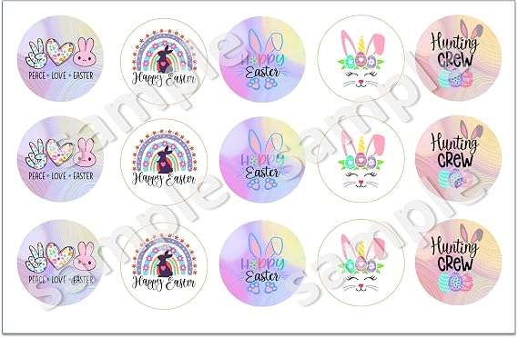 Edible images Retro boho Easter image compatible with Oreo cookies chocolate covered mold, cupcake topper printed on edible paper sugar icing sheet, for Ear Bunny cookie decorating, 15 circles 2" each PRE CUT edible topper.