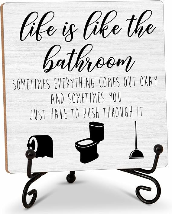 Bathroom Decor Wood Sign, Life Is Like The Bathroom Wood Block, 5x5 Inch Wood Sign  With Iron Stand, Perfect For Home Bathroom Toilet Restroom Decor, Set Of 1-35, Rustic