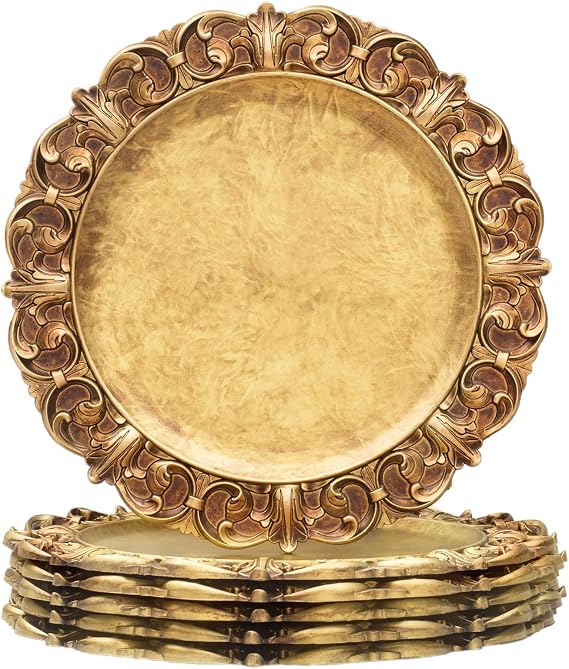 MAONAME 14" Antique Gold Charger Plates Set of 6, Round Plate Chargers
