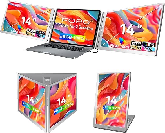 14" Laptop Screen Extender Triple Monitor Laptop Extender [1 Cable for Dual Monitors ] 1200P FHD 360 Rotation Screen Portable Monitor for 13-17" Laptops with USB-C /2 USB-A (MacOS, Wins)