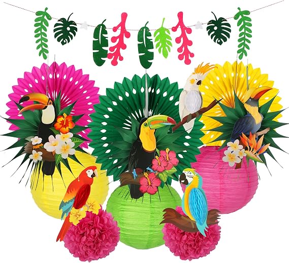 Tropical Birds Toucan Parrot Honeycomb Party Decorations Hawaiian Summer Beach Luau Party Hanging Supplies Tiki Tropical Themed Party Decorations (Hot Pink)