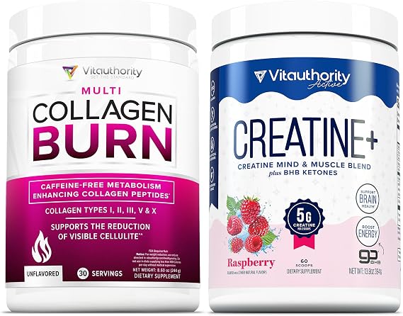 Vitauthority Unflavored Multi Collagen Burn: Hydrolyzed Protein Peptides with Hyaluronic Acid and Creatine Monohydrate Powder for Women Micronized Creatine Monohydrate with goBHB & CognatiQ