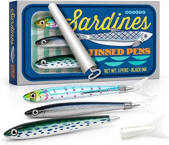 SNIFTY Tinned Fish Novelty Pens - Set of 3 Black Ink Pens in Sardine Tinned Can-Style Box - Fun, Functional, and Unique Pens for Coworkers and Foodies - Aesthetic Gift & Collectible Desk Accessory