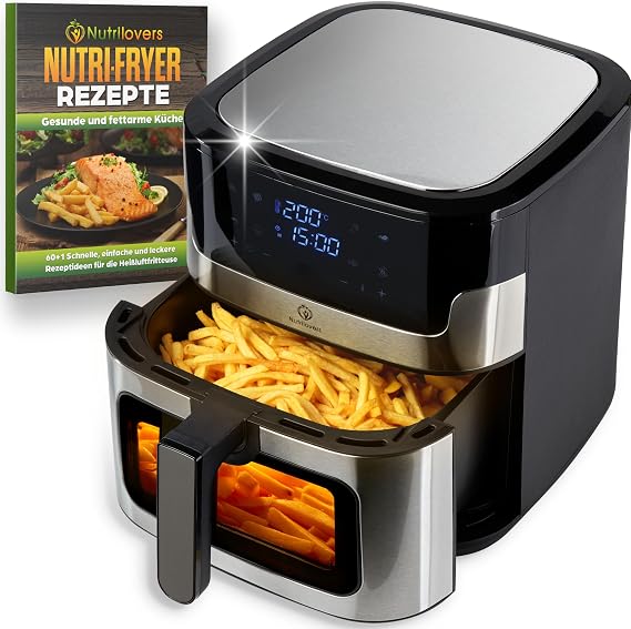 Nutrilovers NUTRI-FRYER Hot Air Fryer Stainless Steel XXL 8 L 2000 W Airfryer Stainless Steel with LED Touch Display Double Heating Technology Viewing Window Low-Fat French Fryer without Oil [Energy Class A+++]