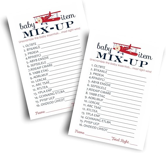 Airplane Baby Shower Games for Boys - Word Scramble Activity - Fun Gender Neutral Baby Shower Game for Guests - Adventure Theme in Red and Blue - 25 Cards, 4x6