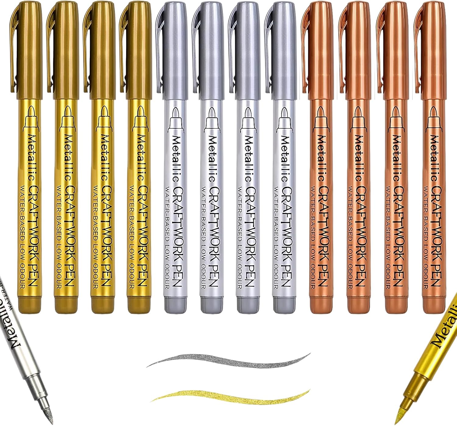 12 Piece Metallic Pen Set 4 Colours (Gold Silver Bronze) Gold Pen for Writing Gold Pen Gold Pens Waterproof Golden Pen for Album Stones Wood Glass DIY Drawing