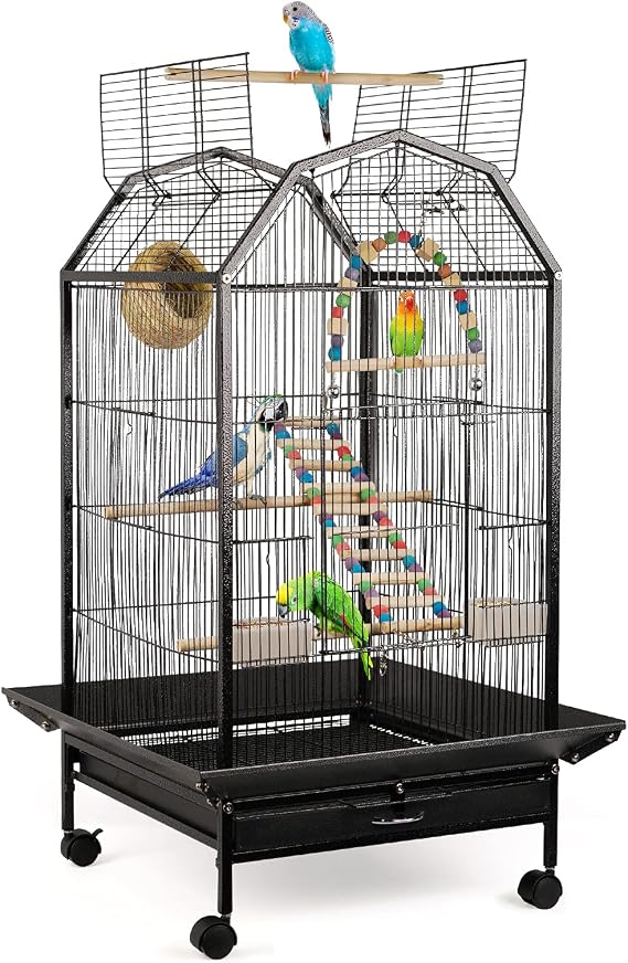 Lilithye Bird Cage Open Top Standing Parrot Parakeet Cage with Rolling Stand Large Metal Bird Flight Cage for Conure Parekette Cockatiel Finch Macaw Cockatoo Pet House,Black,Height 34 inch