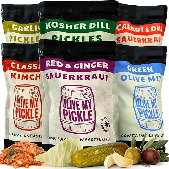 Olive My Pickle Fermented Sauerkraut, Olives & Kimchi | 6 Pack of Carrot & Dill, Red & Ginger Sauerkraut, Garlic & Kosher Dill Pickles, Classic Kimchi & Greek Olive Mix Packets