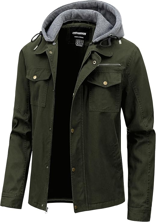 Men's Cotton Lightweight Jacket Military Canvas Field Coat Work Outwear Casual Spring Cargo Jacket with Hooded