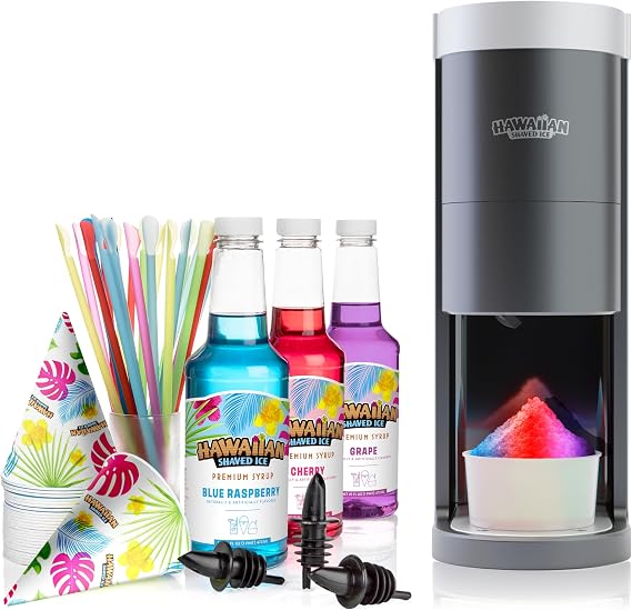 Hawaiian Shaved Ice S777 HomePro Shave Ice Machine With 3 Flavor Snow Cone Syrup Pack Including Party Ready Accessories