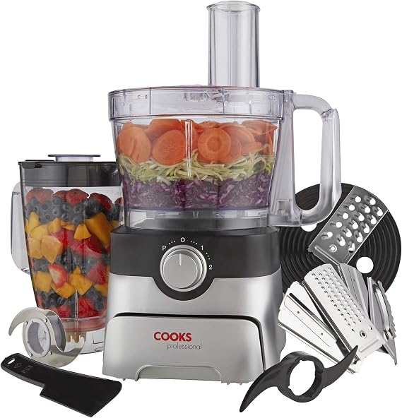 Cooks Professional Food Processor 1000W with 7 Blades, 2L Mixing Bowl & 1.8L Blender Jug | Multifunction Kitchen Chopper & Blender Tool for Chopping Slicing Grating Kneading Blending | Black & Silver