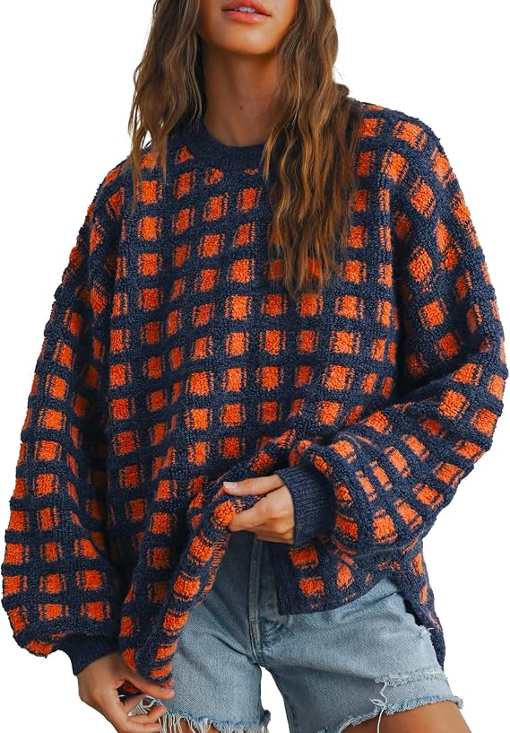 Hixiaohe Oversized Checkered Sweater for Women Trendy Pullover Sweaters Casual Long Sleeve Ribbed Knit Tops Fashion Clothes