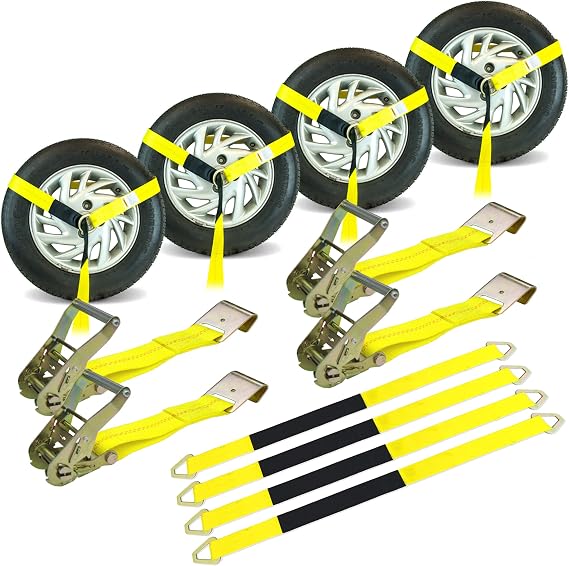 VULCAN Economy Car Tie Down Kit with 4 Lasso Straps, 4 Flat Hook Ratchets, and 4 Free 36 Inch Axle Straps - 3,300 Pound Safe Working Load