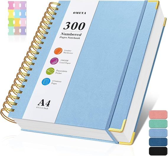 A4 Notebook, Lined Notebook with 300 Numbered Pages, 100GSM Thick Notepad, Hardback Leather Spiral Journals Notebook for Women Men, Waterproof & Large Notebooks for Work Office School, 21.5 x 27.9cm