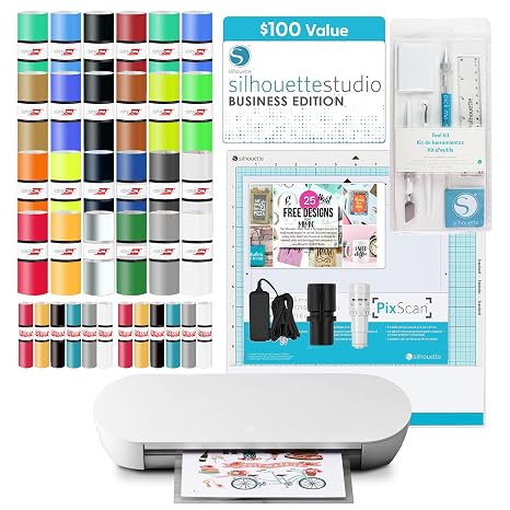 Silhouette America Portrait 4 Vinyl Cutting Machine, Deluxe Bundle - 9 Vinyl Cutter with PixScan, Business Edition Software, 12 Sheets of HTV, 24 Sheets of Oracal, and Tool Kit for Crafters