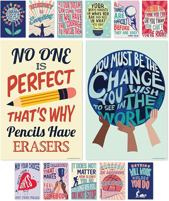 SWEETZER & ORANGE Growth Mindset Posters for Middle and High School Classroom Decorations – Set of 13 Motivational Wall Art Decor, Inspirational Artwork Quotes! 15 x 22” Large Poster Bundle
