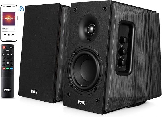 Pyle Powered Bookshelf Speaker System with Bluetooth, 80W Active Stereo Speakers, Bass Reflex Natural Wood Cabinet, Hi Def ARC, Optical, Coax, Subwoofer Out, for Entertainment, Studio (Pair)