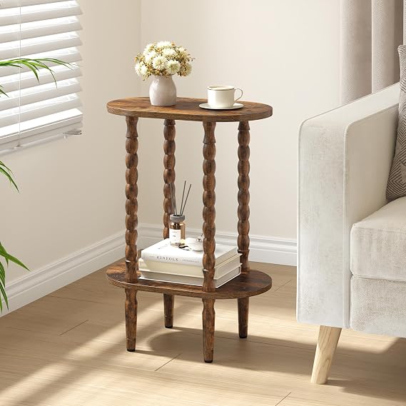 TUTOTAK Narrow Side Table with Solid Wood Legs, Small Oval End Table