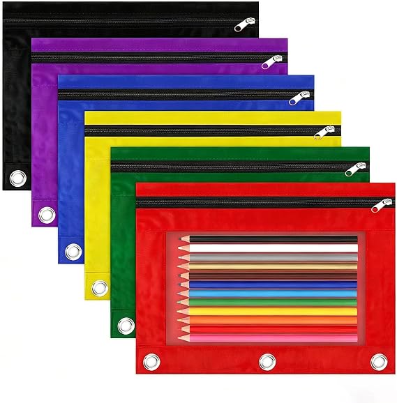 Pencil Pouch for 3 Ring Binder, 6 Pack Multicolors Zipper Pencil Pouches, Clear Window Pencil Case for Binder, 3 Hole Pen Pouch Bulk, Pencil Bag with Grommets for College Office Supplies