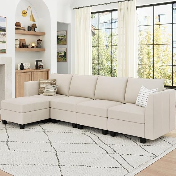 Belffin Modular Sectional Sofa with Storage Velvet L Shaped Couch with Chaise for Living Room, Beige