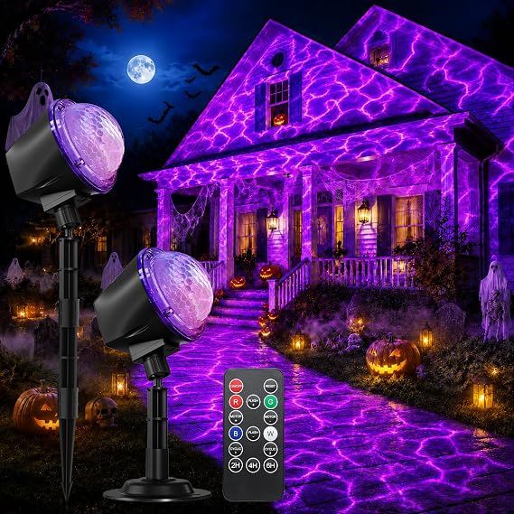 Halloween Projector Lights Outdoor, Ultra Bright Dynamic RGBW Water Ripple Projection Light with Remote, 15 Lighting Effects, Timer & Memory Function, IP65 Waterproof,16.4FT Cable for Yard Decorations