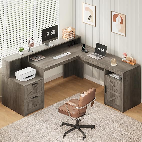 63" Farmhouse L Shaped Desk with Drawers & Printer Shelf for Home Office | Corner Computer Desk with Storage, Power Outlets, L Shaped Office Desk with Monitor Stand, Printer Shelf, Gray
