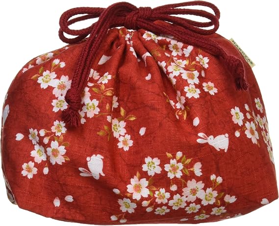 Red Sakura Rabbit Bento Drawstring Bag by Hakoya