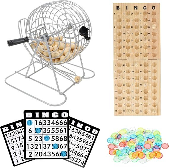 WE Games Retro Bingo Game Set with Metal Rotary Cage, Deluxe Wooden Master Board, Wood Balls, Party Games for Families, Fairs, and Churches