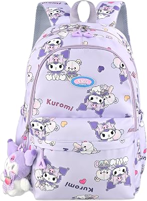 Roffatide Cartoon All Over Print Casual Backpack Laptop Backpack Bike Travel Hiking Rucksack Daypack Purple With Cute Pendants