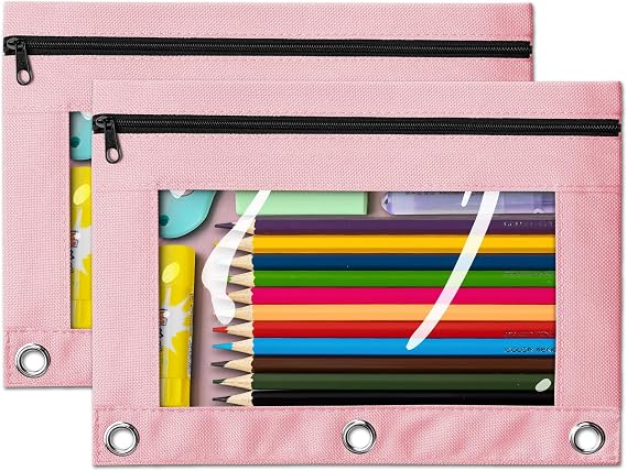 V-Opitos 2 Pack Pink 3-Holes Zipper Pencil Pouches for 3 Ring Binder