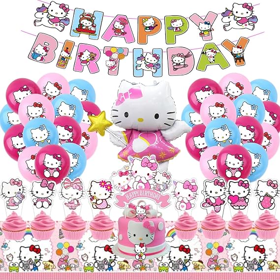 Cute Cat Birthday Decorations, Pink Party Supplies Include Happy Birthday Banner, Balloons, Cake Toppers, Tablecloth, Party Decor for Girls