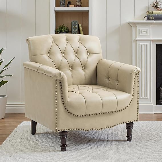 Faux Leather Accent Chair, Comfy Club Armchair, Beige