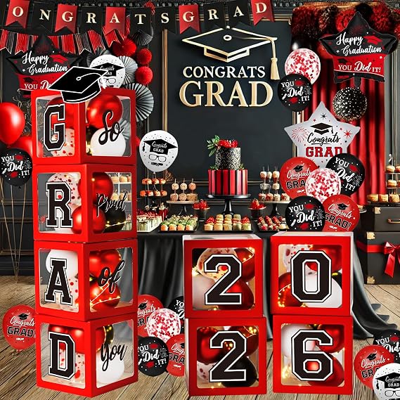 Graduation Decorations Class of 2026 - Red and Black Graduation Decorations - Balloons Boxes with Letters 2026 GRAD So Proud of You, Congrats Grad Party Decorations for Any Grades
