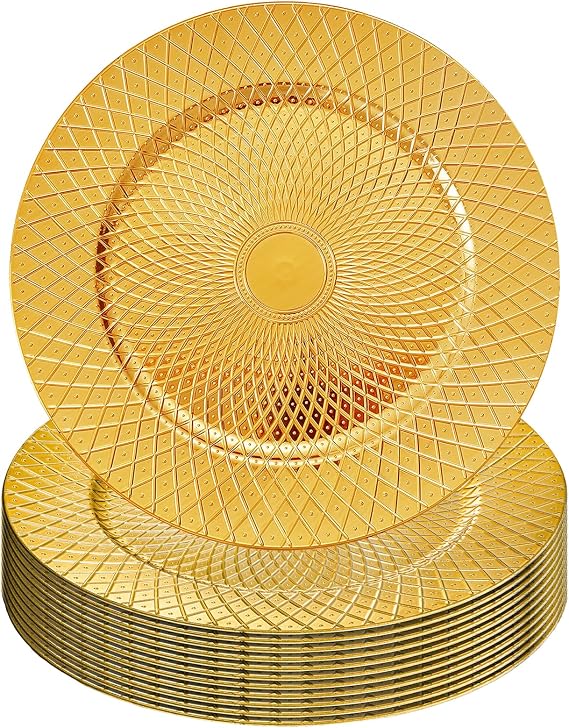 Frcctre 12 Pack Round Charger Plates, 13 Inch Decorative Gold Plastic Charger Dinner Plates, Reusable Elegant Diamond Pattern Serving Plate for Wedding, Dinner Party, Event Table Decoration