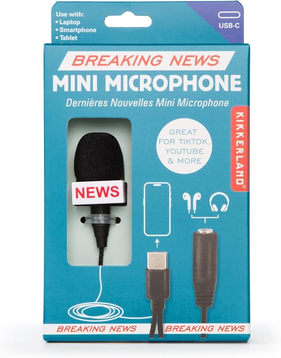 Kikkerland Breaking News Mini Microphone Handheld Mini Mic for Content Creation & Podcast Recording Features USB-C Plug & Standard Audio Jack