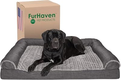 Furhaven Cooling Gel Dog Bed for Large Dogs w Removable Bolsters & Washable Cover, For Dogs Up to 125 lbs - Luxe Faux Fur & Performance Linen Sofa - Charcoal, Jumbo PlusXXL