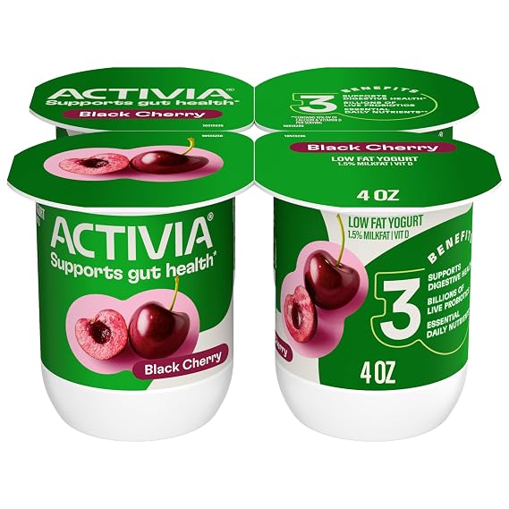 Activia Black Cherry Probiotic Yogurt, Delicious Low Fat Yogurt Cups to Help Support Gut Health, 4 oz, 4 Count