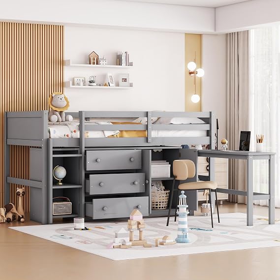 Twin Size Low loft Bed with Pull-Out Desk,Wood Kids Twin Loft Bed with Storage Drawers and Shelves,Low Twin Bed with Cabinet for Kids,Gray