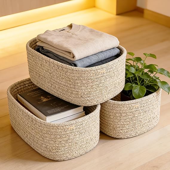 Woven Storage Baskets 3 Packs with Handle (13" x 8.6" x 5") Cotton Rope Basket / Decorative Storage Boxes / Bathroom Baskets / Wicker Storage Basket / Wicker Basket for Shelves, Counter & Closet