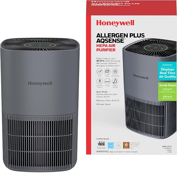 Honeywell Allergen Plus Compact Small Room HEPA Air Purifiers for Home, Up to 530 Ft2 Coverage, 3-in-1 Filter, Pet Dander, Smoke & Odor Reducer Air Quality Sensor with Auto Mode, Grey, HPA125V