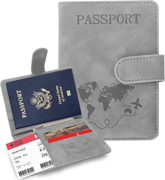 Passport Holders, RFID Blocking Credit Card Holder, PU Leather Vaccine Card Holders for Travel with Magnetic Buckle, Travel Must Haves Cruise Ship Essentials for Men, Women (Grey)