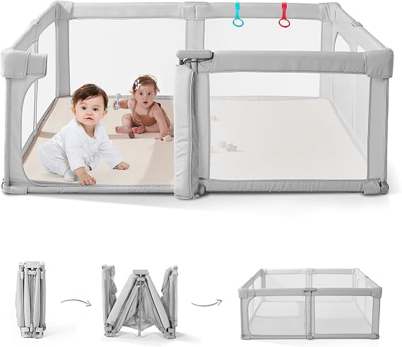 Doradotey Baby Playpen with Drop-Down Gate, Pre-Assembled Foldable Playpen for Babies & Toddlers, Portable Indoor & Outdoor Baby Play Yard, 360° Breathable Mesh, 150 × 150 cm, Grey