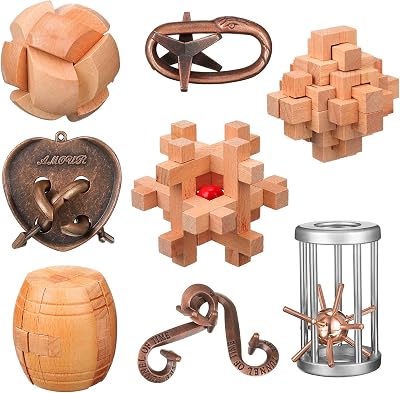 Wettarn 8 Pcs Brain Teaser Puzzles for Adults Logic Wooden Brain Teasers Mind Puzzles and Metal Puzzle Fidget Fun Educational IQ Games 3D Unlock Interlock for Adults Gift
