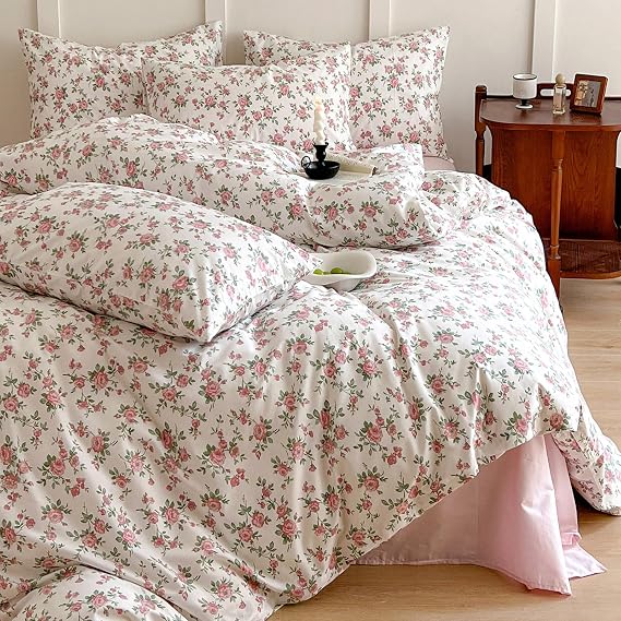 HighBuy 3 Piece Floral Duvet Cover Set Queen Size,Soft Cotton Pink Bedding Sets Queen,Garden Style Comforter Breathable,Boho Beige Queen,2 Pillowcases,HB03633-Q,Queen(90''x90'')