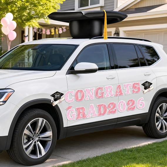 Xuhal 2026 Graduation Car Decoration 23'' Large Inflatable Grad Cap Car Decor Congrats Grad Letter 2026 PVC Inflatable Cap for Senior High School Collage Graduation Parade Party Decor(Pink,Black)