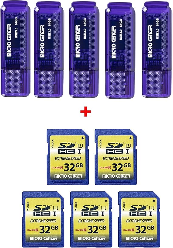 INLAND Micro Center SuperSpeed 5 Pack 64GB USB 3.0 Flash Drive+10 Pack 32GB Class 10 SDHC Flash Memory Card