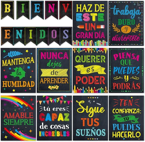 gisgfim 21 Pieces Bienvenidos Inspirational Spanish Posters Black Colourful Spanish Motivational Posters Spanish Classroom Bulletin Board Set for Kid Classroom Office Bedroom Wall Art Decor