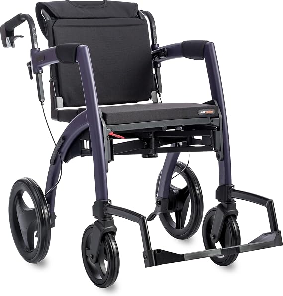 Rollz Motion 2.1 Dark Purple - 2 in 1 Rollator Walker Wheelchair Combo - Foldable Transport Chair - Rollator Wheelchair Combo - Modern Design