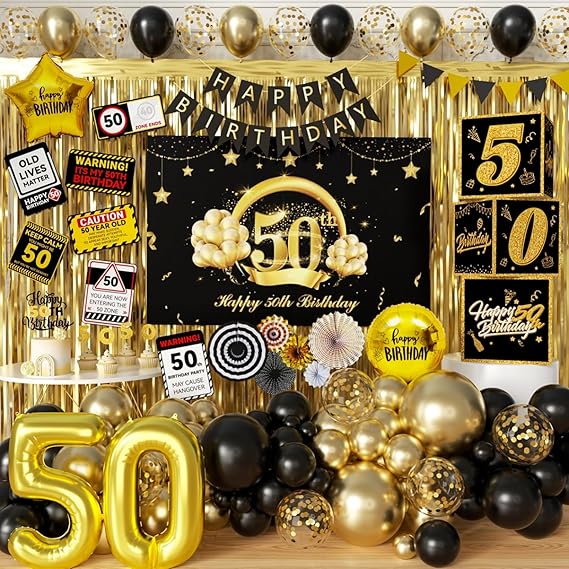 50th Birthday Party Decorations to 50 Years Old Party Supplies for Men with Balloons Garland kit, 50th Birthday Backdrop, Happy Birthday Banner, Foil Balloons and Curtains